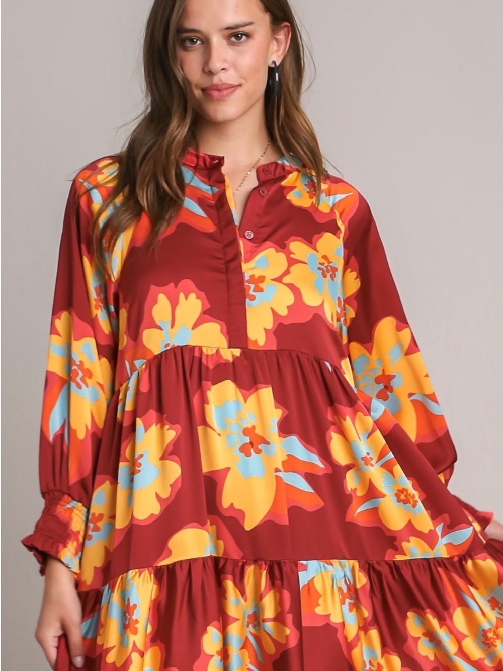Umgee Rust Maxi Dress with Bold Yellow & Turquoise Floral Print - Picture 4 of 6